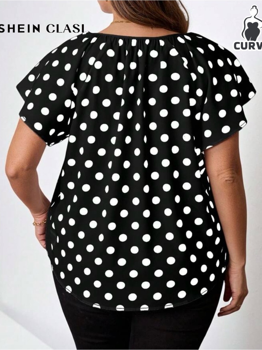 SHEIN Black & White Polka Dot Tie-Neck Blouse - Picture 2 of 3